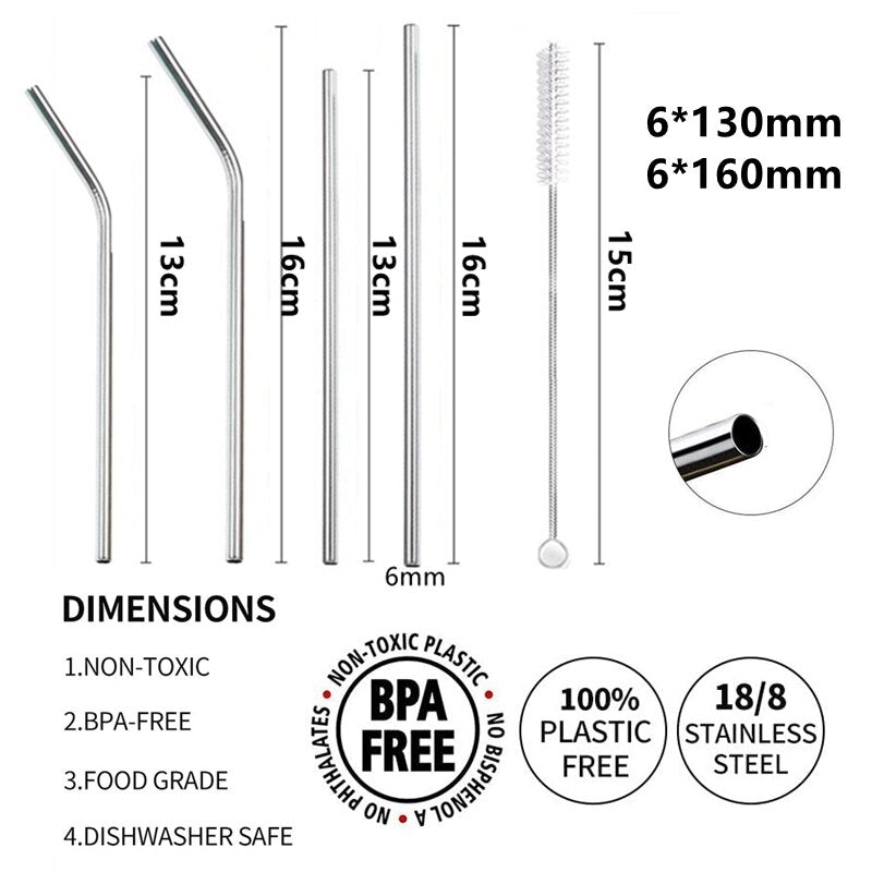 4pcs 6*130/160mm Kids Metal Straws